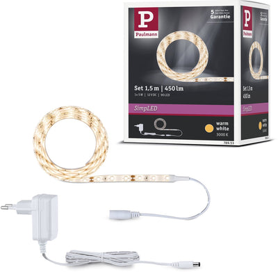 Bande LED Paulmann simpled 1,5 mètres blanc chaud 3000k - kit plug play - 5w - 300 lm m - 60 LED m - pour l'intérieur - revêtu