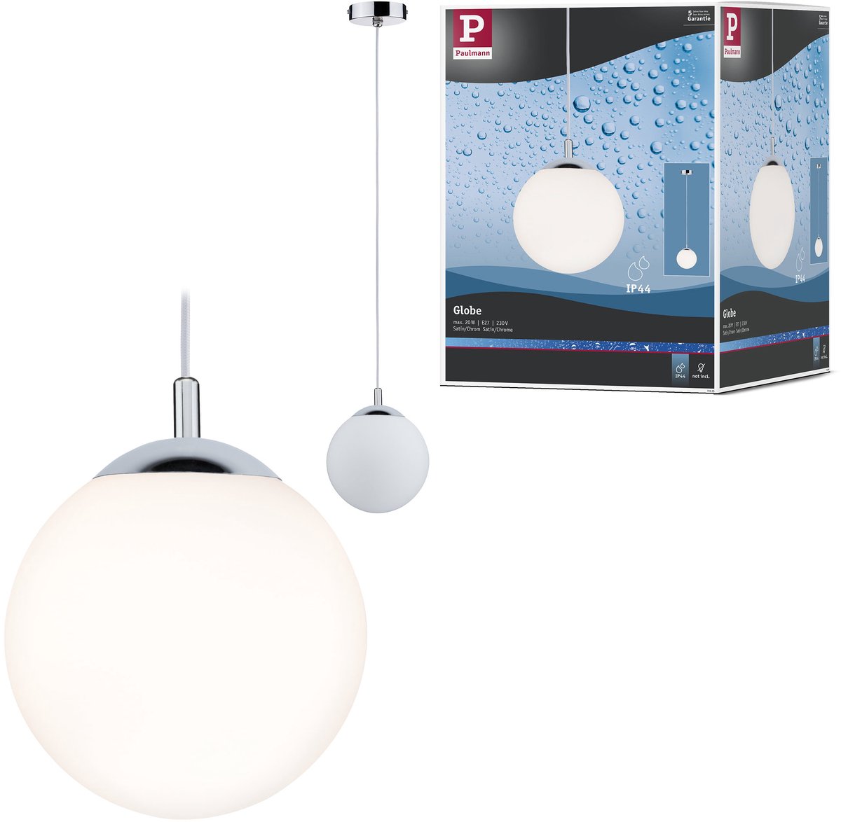 Paulmann lampe suspendue globe ip44 e27 max. 20w satiné, chrome dimmable