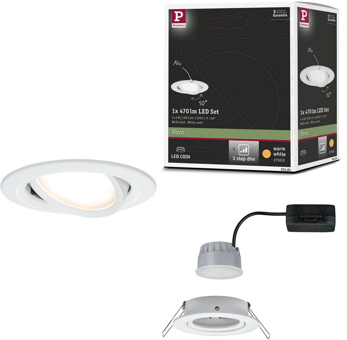 Paulmann lampe à encastrer LED 3 niveaux nova coin orientable ronde 84 mm 50° coin 6w 470lm 230v dimmable 2700k blanc mat