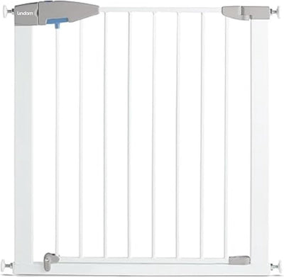 Munchkin Lindam barrière d'escalier sans perçage - porte à fermeture sûre - barrière de sécurité - montage par pince - barrière d'escalier en métal - 75-82 cm extensible jusqu'à 138 cm - blanc