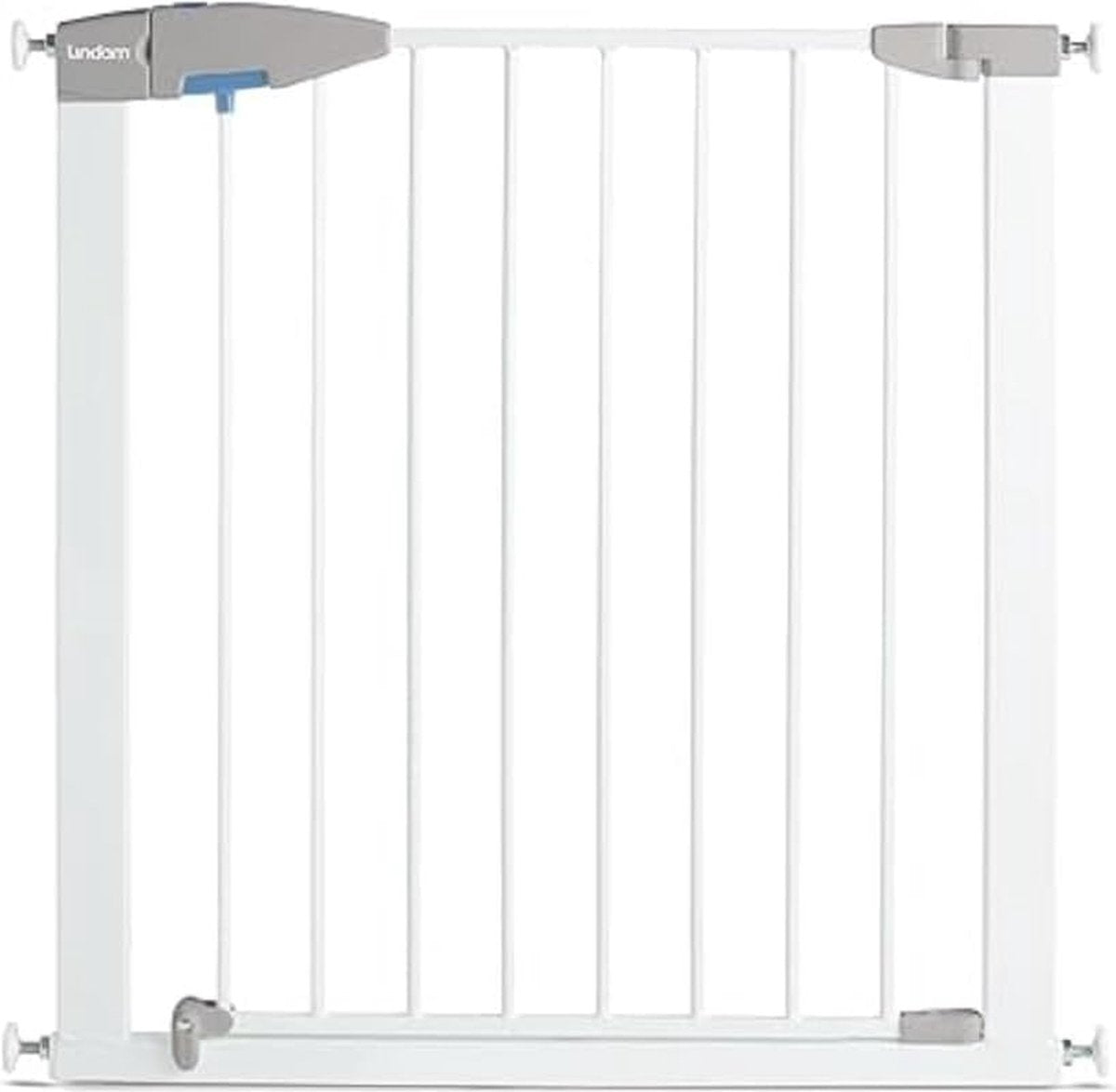 Munchkin Lindam barrière d'escalier sans perçage - porte à fermeture sûre - barrière de sécurité - montage par pince - barrière d'escalier en métal - 75-82 cm extensible jusqu'à 138 cm - blanc