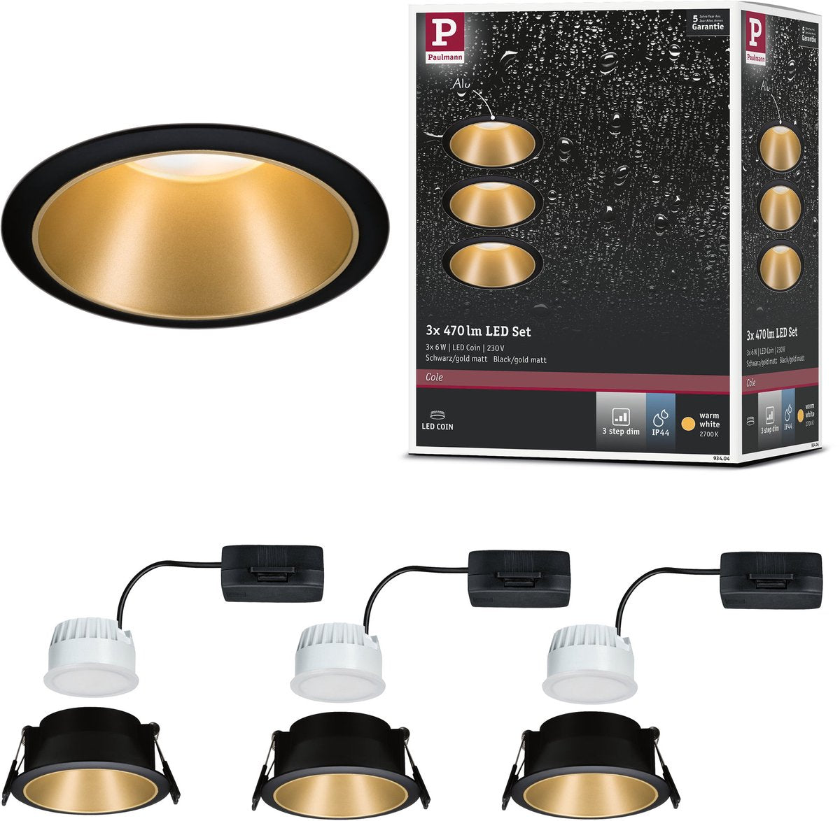 Paulmann lampe à encastrer LED 3-step-dim cole coin set de 3 ip44 rond 88 mm coin 3x6w 3x470lm 230v dimmable 2700k noir, or mat