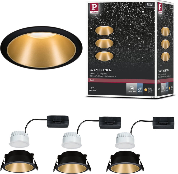 Paulmann lampe à encastrer LED 3-step-dim cole coin set de 3 ip44 rond 88 mm coin 3x6w 3x470lm 230v dimmable 2700k noir, or mat