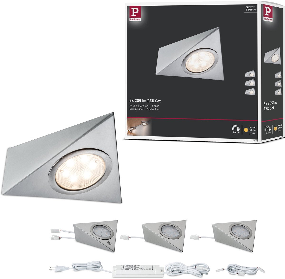 Paulmann LED set d'éclairage sous comptoir de 3 - acier brossé - 2,8W - 170 lm - 230 12v - design angulaire - éclairage armoire de cuisine sous comptoir LED