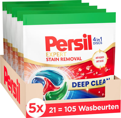 Disques anti-taches Persil - capsules lessives - disques 4 en 1 - pour toutes les couleurs de linge - contre les taches - détachant puissant - 5 x 21 lavages