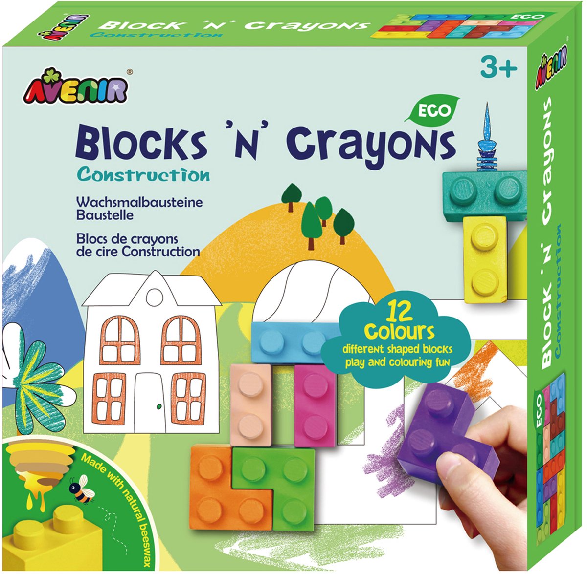 Avenir block 'n crayons - bâtiments - 12 couleurs et 3 formes de blocs - 3 pages à colorier - 3+