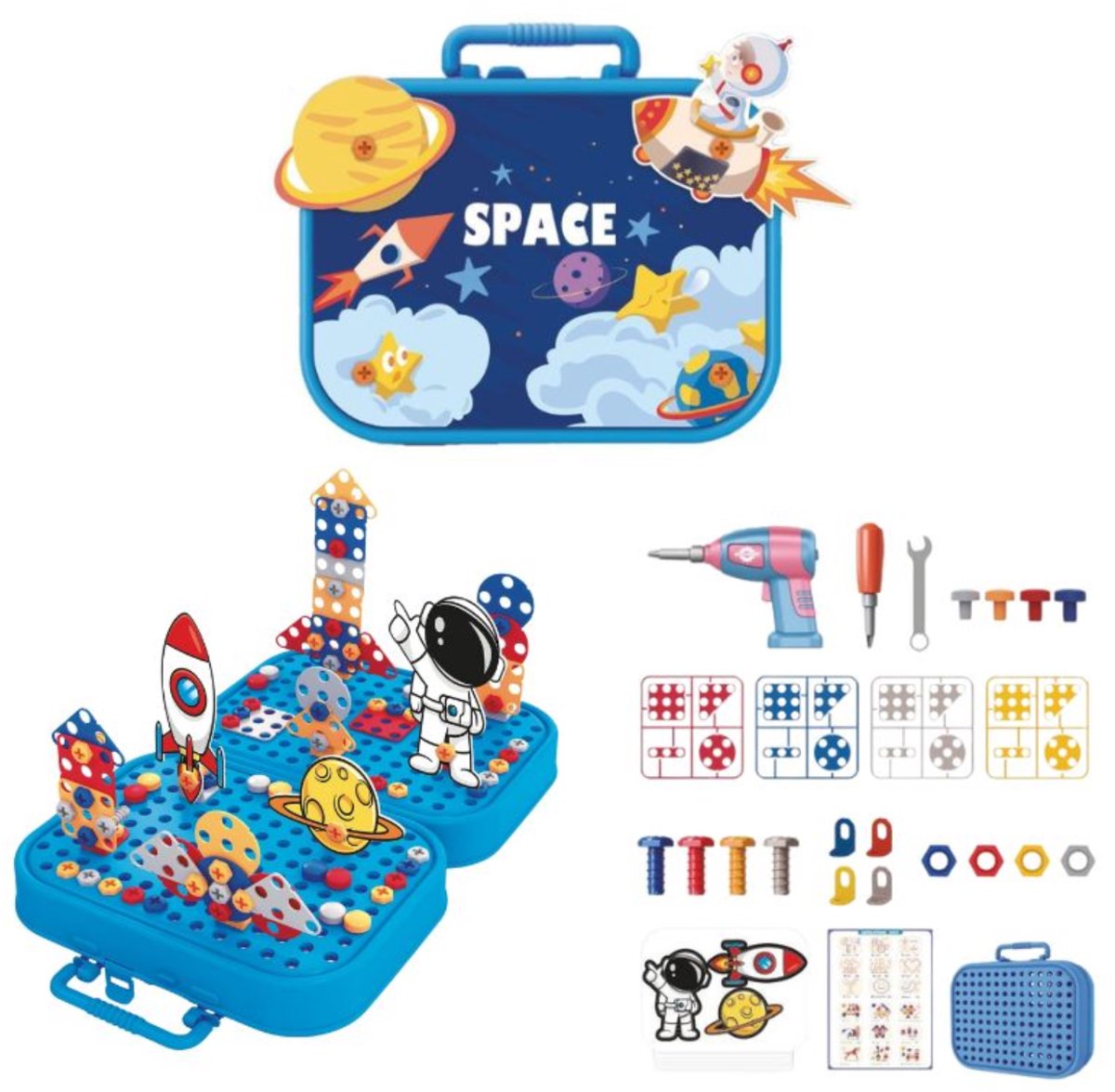Eddy Toys Kit de construction spatiale - 228 pièces - Kit de construction avec étui - Kit de construction avec perceuse et outils - Jouets de construction spatiale pour enfants
