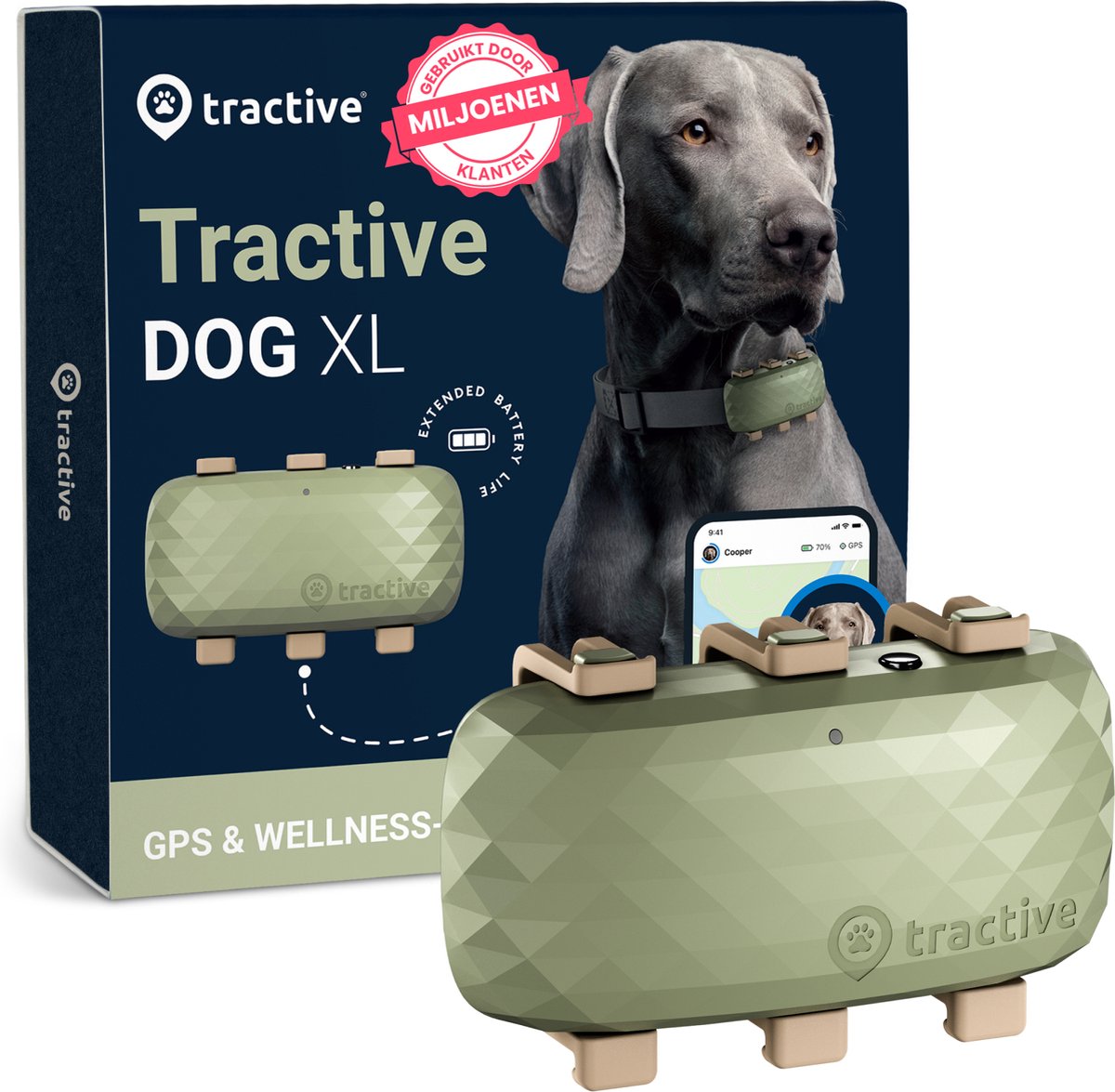 Tractive dog xl - traceur de chien avec batterie plus grande - vert