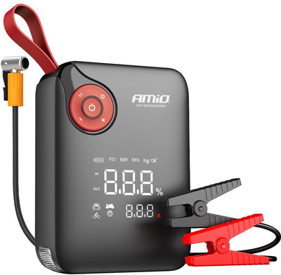 Amio mini démarreur portable 4 en 1 – banque d'alimentation 12 V 600 A avec compresseur d'air et lampe de poche LED – démarreur portable pour voiture – booster de batterie intelligent