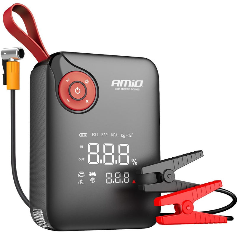 Amio mini démarreur portable 4 en 1 – banque d'alimentation 12 V 600 A avec compresseur d'air et lampe de poche LED – démarreur portable pour voiture – booster de batterie intelligent