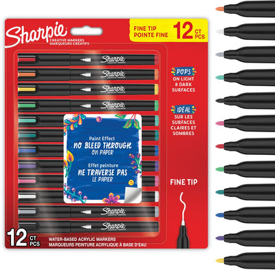 Stylos à peinture acrylique marqueur créatif Sharpie | marqueurs à peinture à l'eau | l'encre non continue écrit sur la plupart des surfaces | point fin | fournitures d'artisanat et d'art | différentes couleurs | 12 pièces