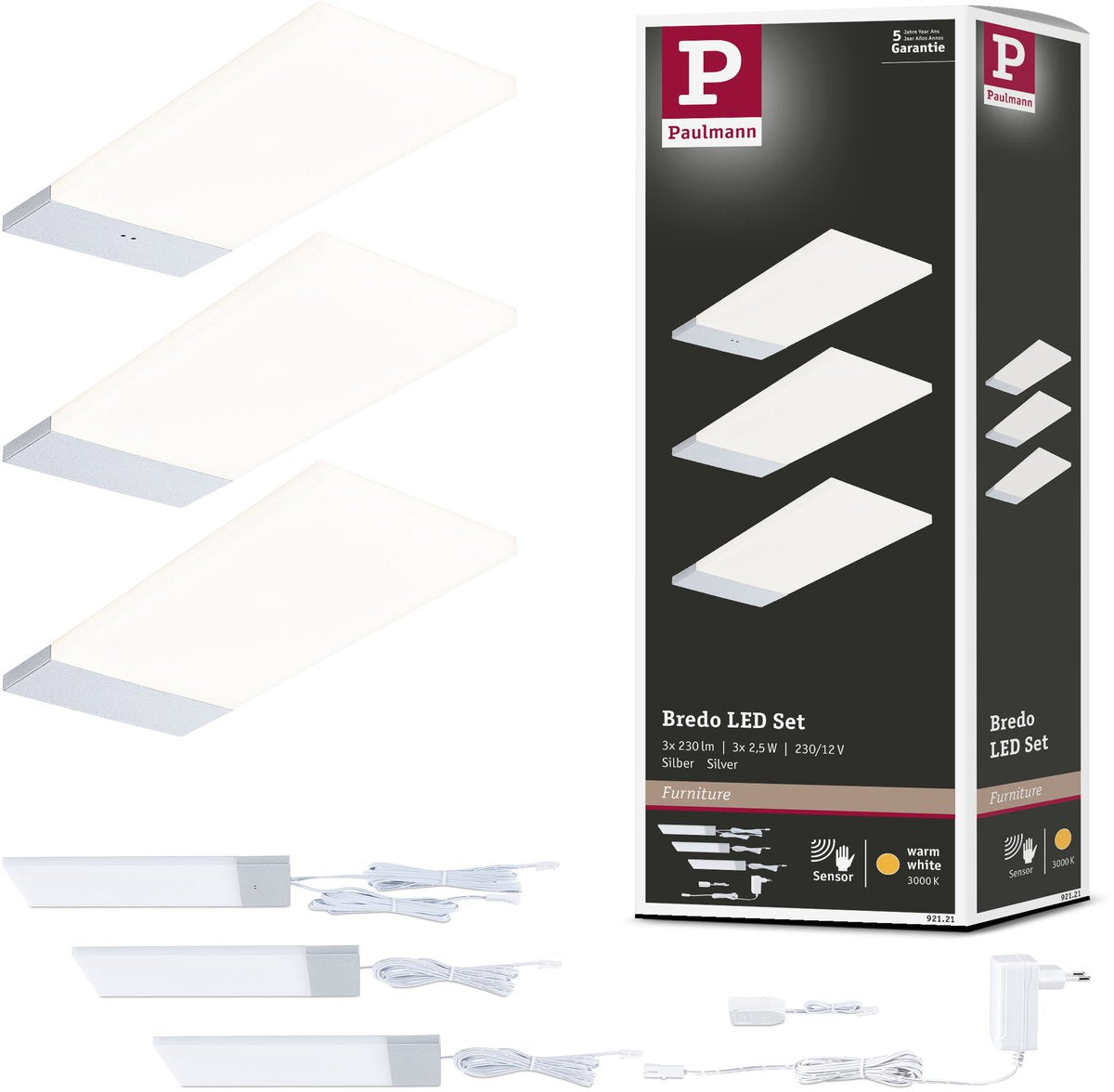 Paulmann Éclairage LED sous meuble Bredo interrupteur de proximité lot de 3 3x2,5w 80x190 mm 3x180lm 230 12v argent
