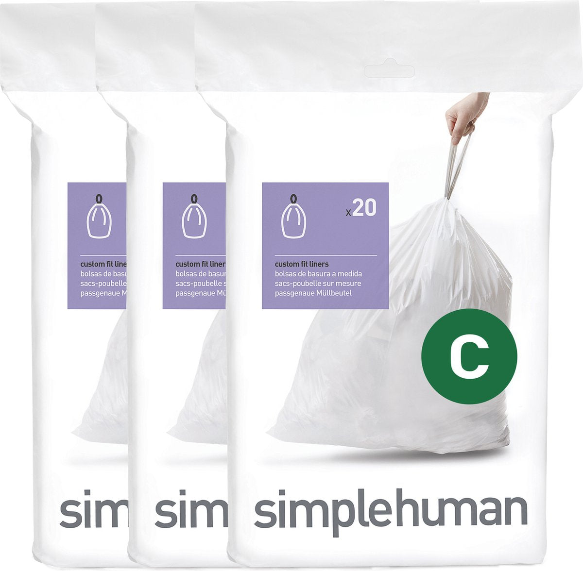 Sacs poubelle Simplehuman code c - 12 litres - 60 pièces - avec cordon de serrage - blanc