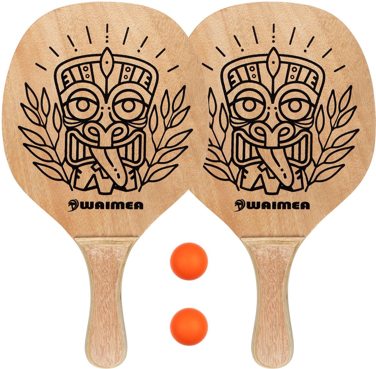Waimea beach paddle ball set avec poignée en bois - vierge noir fluoro orange