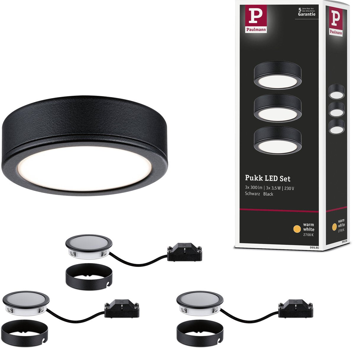 Paulmann éclairage sous meuble LED pukk 3x3,5w 65 mm 3x210lm 230v rond noir