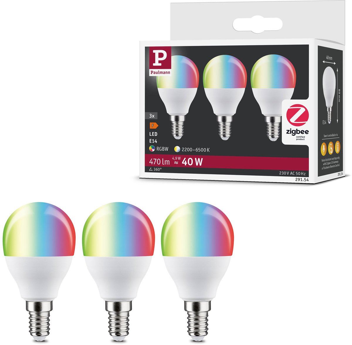 Paulmann Standard 230 V Smart Home ZigBee 3.0 Lampe Boule LED E14 3x470LM 3x5W RGBW+ Dimmable Mat