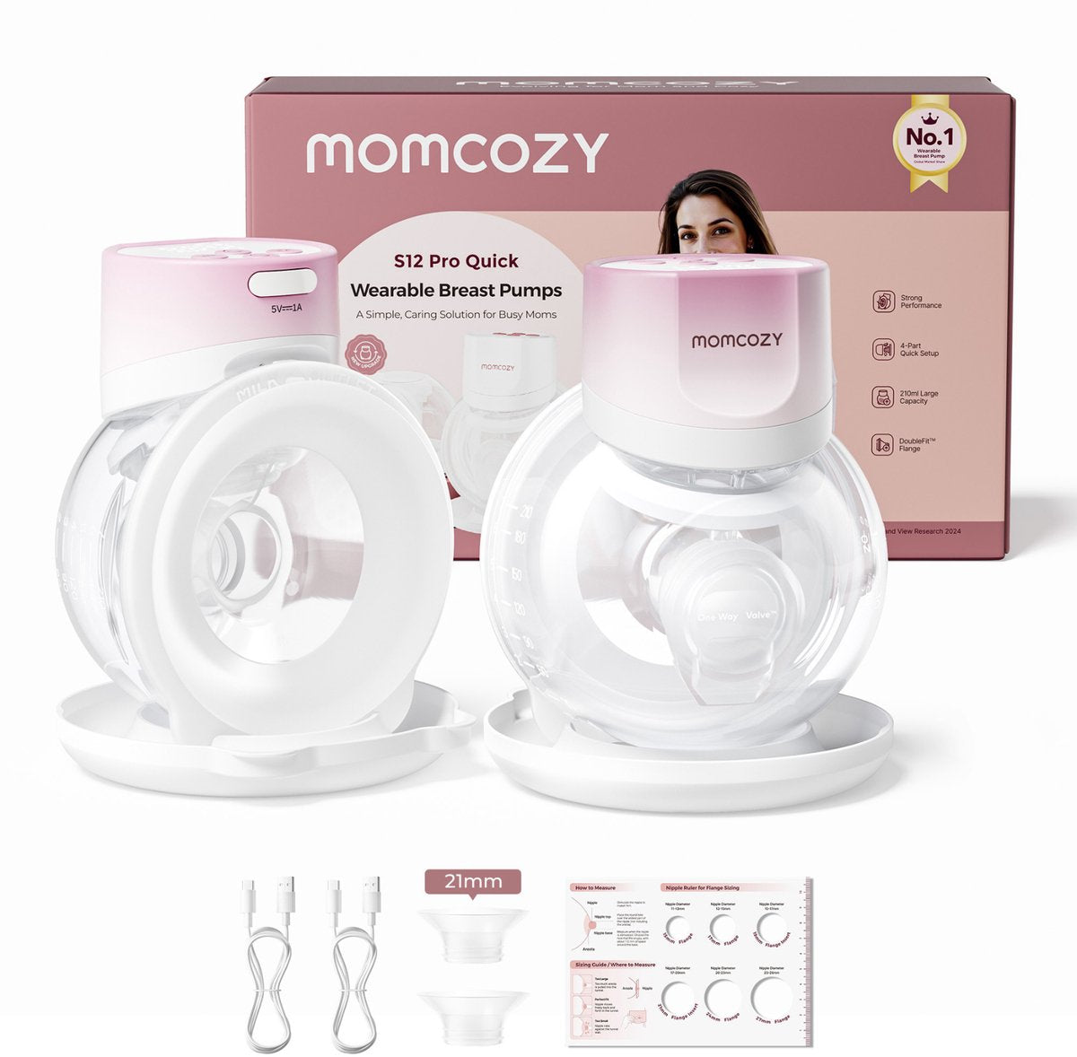 Tire-lait mains libres rapide Momcozy s12pro - 2 pièces - extra silencieux et compact - électrique - rechargeable - rose blanc - s12pro+