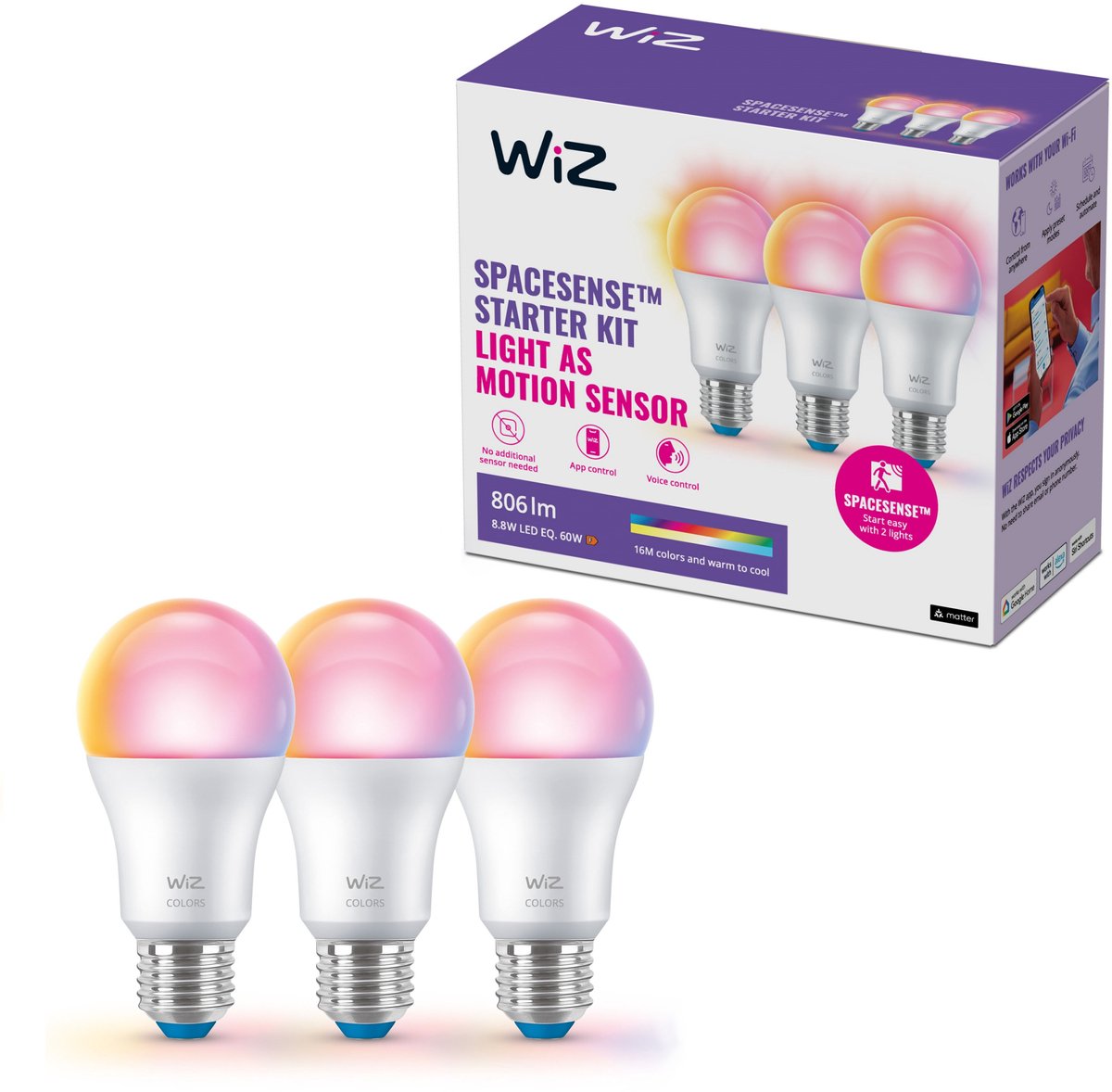 Lampe Wiz 3-pack - éclairage LED intelligent - lumière blanche chaude à froide - e27 - 60w - mat - wi-fi