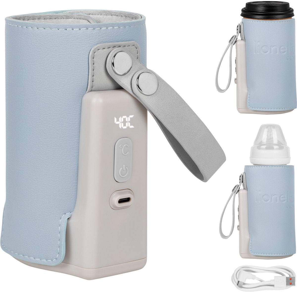 Chauffe-biberon portable Lionelo thermup go plus - batterie 3000 mAh - jusqu'à 8 heures d'utilisation sans fil - 5 réglages de température 38-50°C - rechargeable USB-C - thermostat contre la surchauffe - pour biberons 52-70 mm - sans BPA