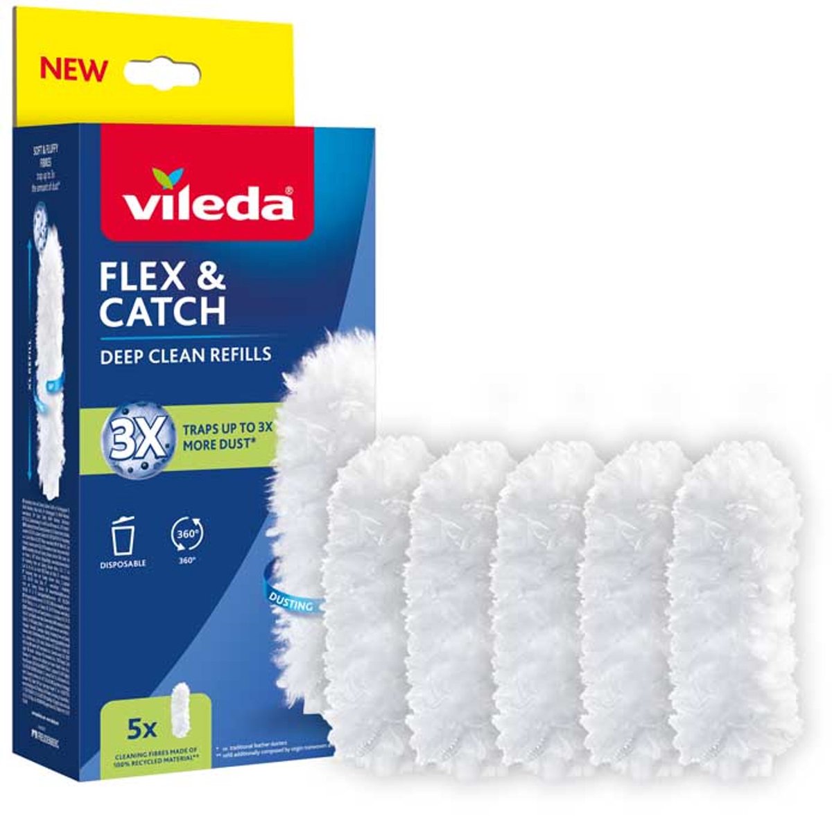 Vileda flex catch - recharges de chiffon à poussière - 5 pièces - conception à 360° - respectueux de l'environnement