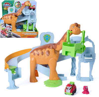 Paw Patrol - The Dino Movie - Coffret de jeu Elevator Race Dino avec figurine Brachiosaure de 25,4 cm, Marshall Pup Squad Racer et Rhubarbe