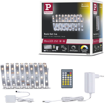 Paulmann maxled 250 led strip set de base 3m blanc réglable 3m 11w 270lm m 30 leds m blanc réglable 24va