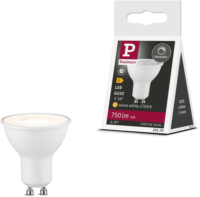 Spot LED standard Paulmann gu10 - 230v - dimmable - 750 lm - 8w - blanc chaud 2700k - blanc mat