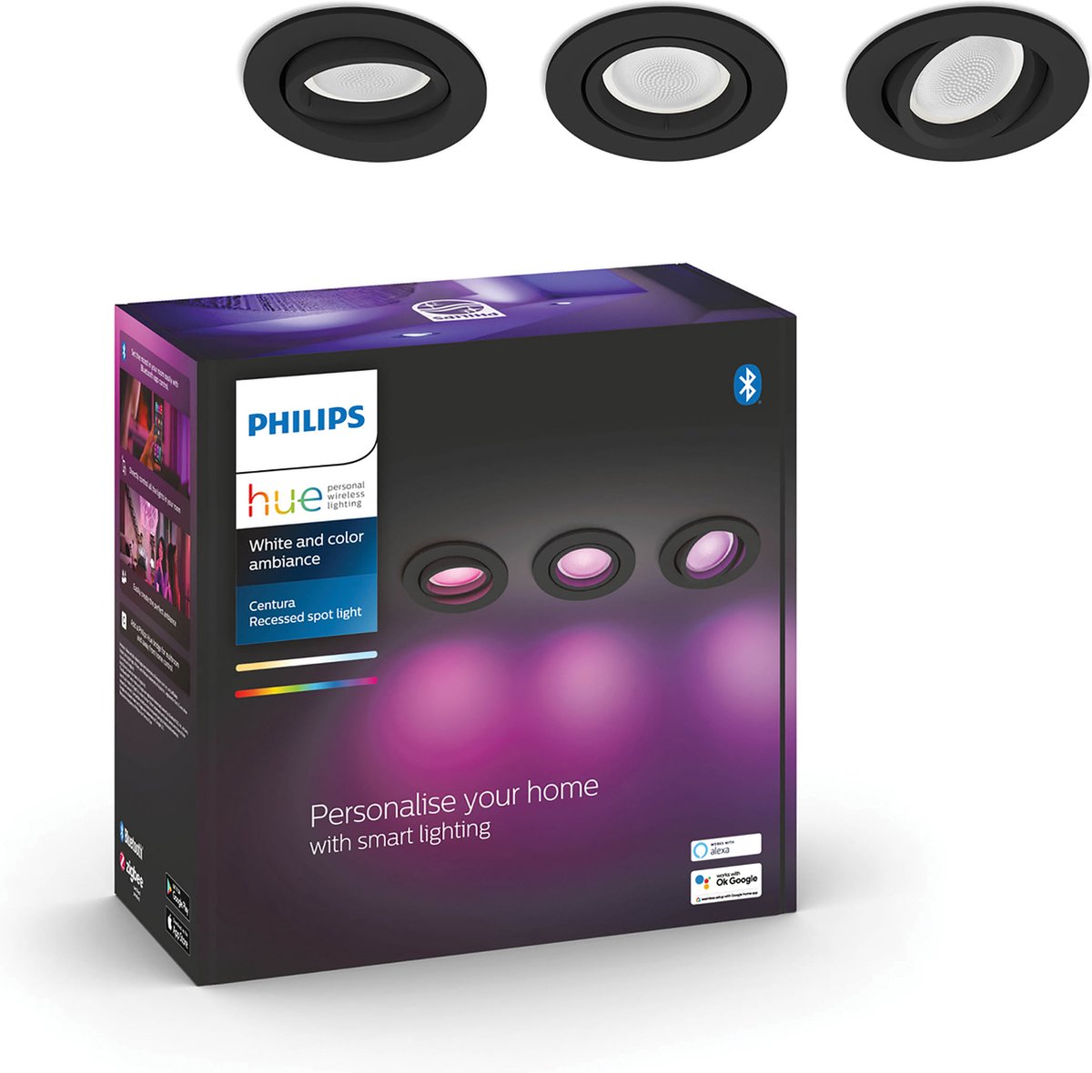 Spot encastrable Philips Hue Centura - blanc et blanc coloré - pack de 3 - noir - rond - gu10