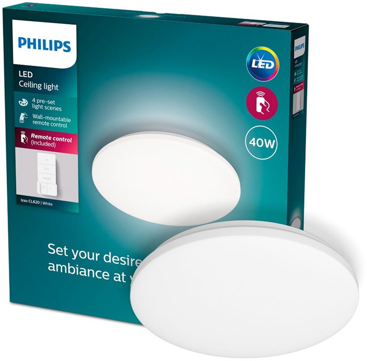 Philips LED Plafonnier Philips Izso blanc - 40w - avec télécommande