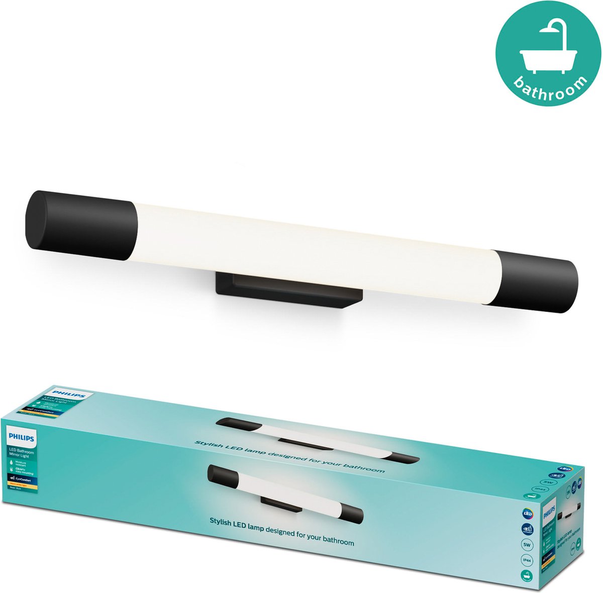 Philips LED Éclairage de miroir Philips Rover - protégé contre les éclaboussures IP44 - 5W - lumière blanc chaud - lampe de salle de bain - cylindrique - noir
