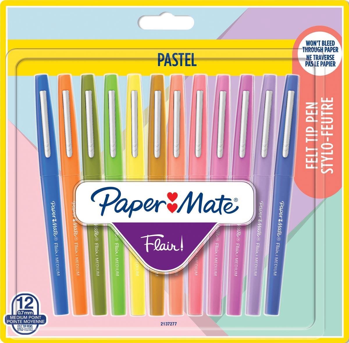 Feutres Paper Mate Flair | pointe moyenne (0,7 mm) | diverses couleurs pastel | 12 pièces