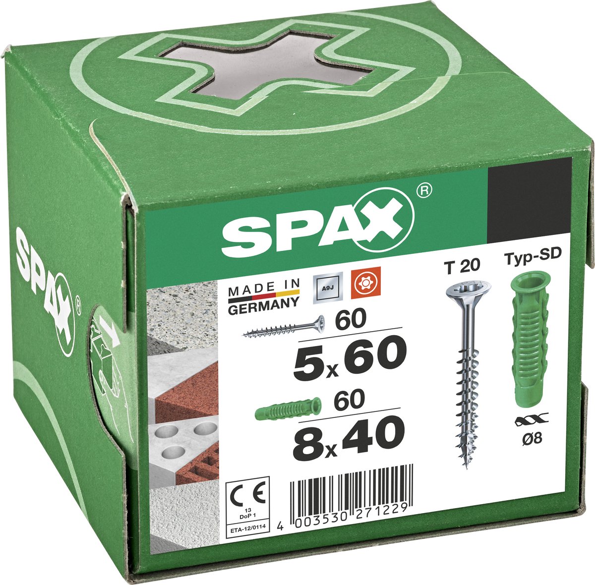 Bouchons Spax type SD 8 x 40 mm + vis universelle, 5 x 60 mm, tête fraisée, filetage partiel, t-star plus t20, wirox, 60 + 60 pièces - 5000001200025