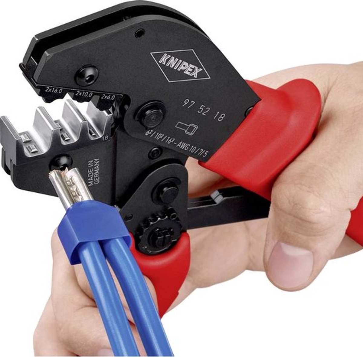 Pince à sertir Knipex | longueur 250 mm | 2x6, 2x10, 2x16 (awg 2x10, 2x7, 2x5) mm² | 1 pièce - 97 52 18 97 52 18