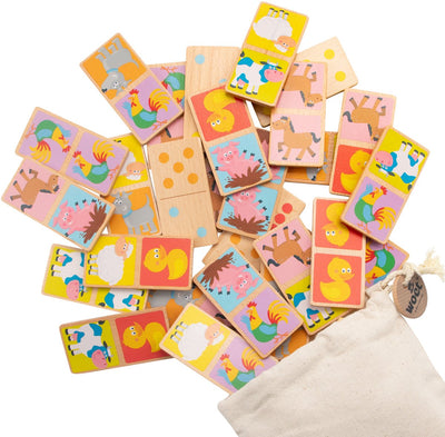 Woet ® jeu de dominos en bois avec animaux - jeux pour enfants - fsc - avec sac de rangement - jouets éducatifs - à partir de 2 ans