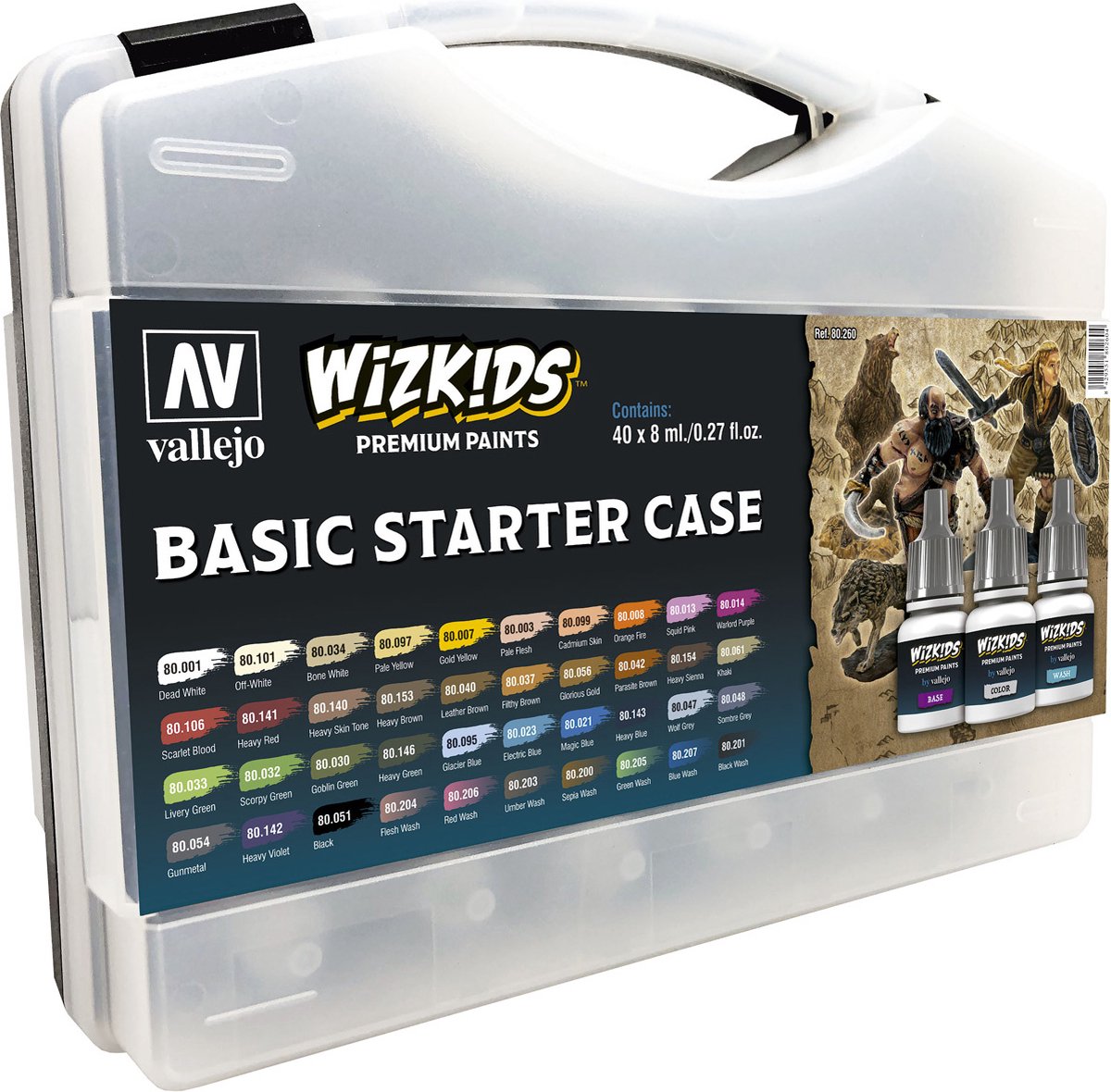 Mallette de démarrage Vallejo Basic - Peintures Premium Wizkids - 40 couleurs - 8 ml - 80260