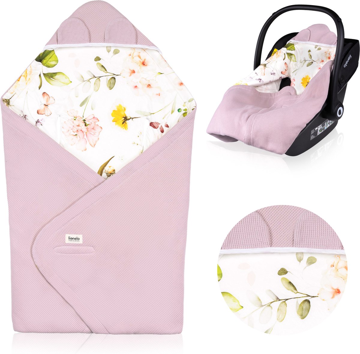 Couverture d'emmaillotage de voyage Lionelo - enveloppe pour poussette de siège auto - 100% coton bambou - tog 2,5 - hypoallergénique - pour automne hiver - réglable avec velcro - 90x90 cm - respirant doux - lavable en machine