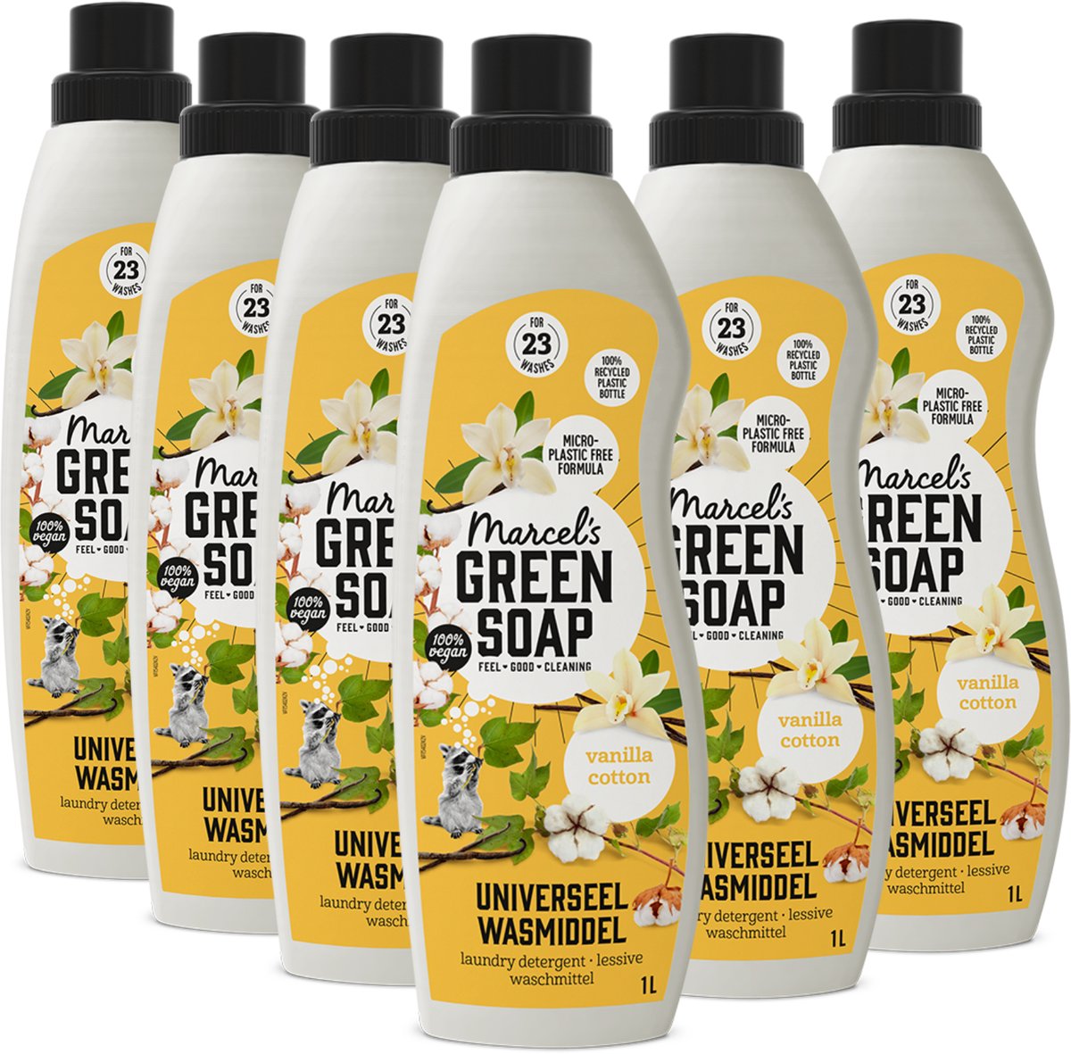 Lessive universelle savon vert Marcel's - coton vanille - 6 x 1l - 138 lavages