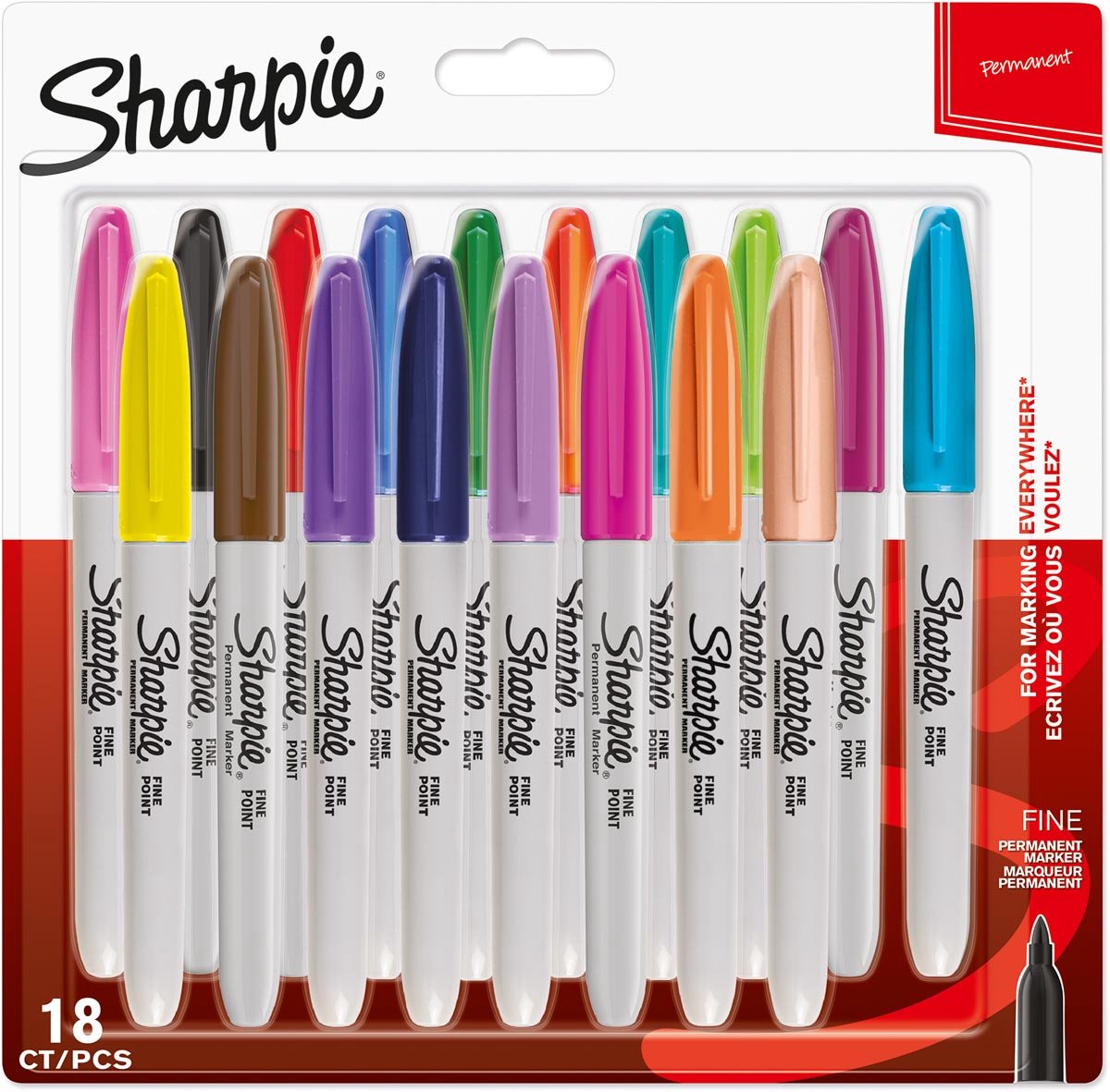 Marqueurs permanents Sharpie | point fin | diverses couleurs gaies | 18 pièces