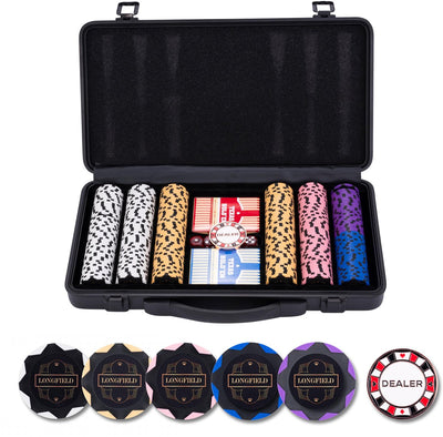 Set de poker Longfield 300 jetons 14 grammes - boîtier en aluminium noir - cartes à jouer - bouton croupier - dés - coeur d'ange