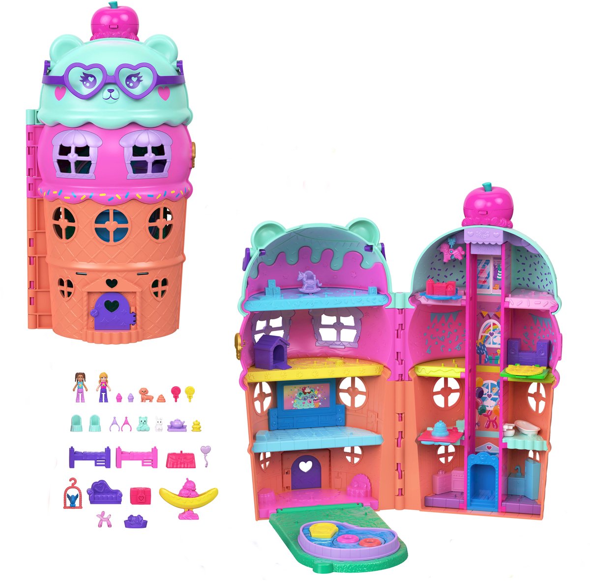 Polly Pocket Gelato House Game Set - Gelato House avec ascenseur, thème glace et plus de 25 accessoires