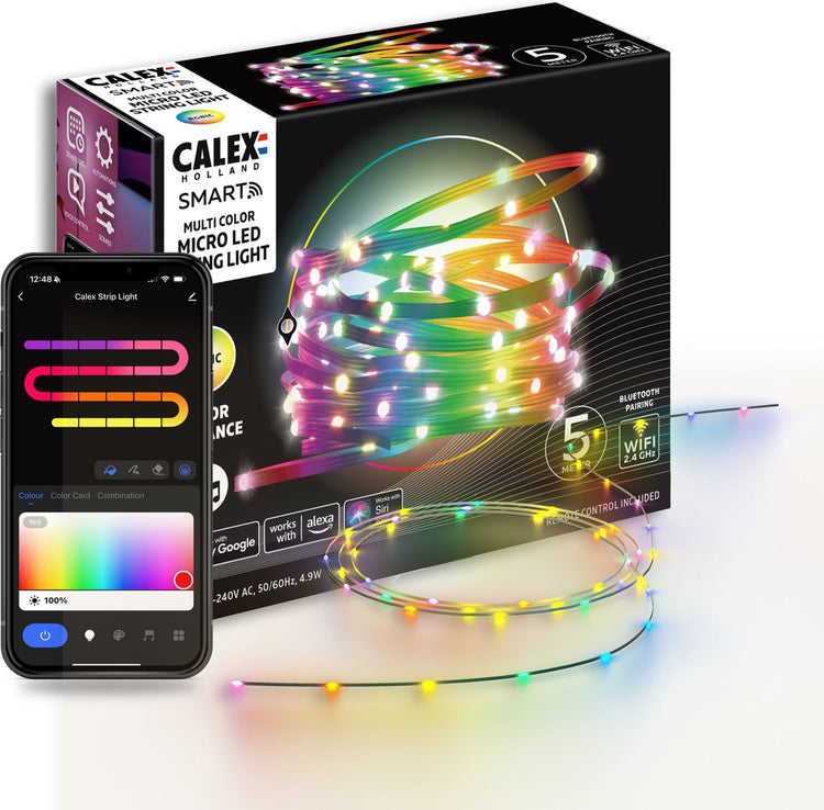 Bande micro LED intelligente Calex - 50 LED - convient comme lumières de Noël - 5 m - RGBIC - 16 millions de couleurs - contrôlable par application - cordon lumineux intelligent - Lumières de Noël