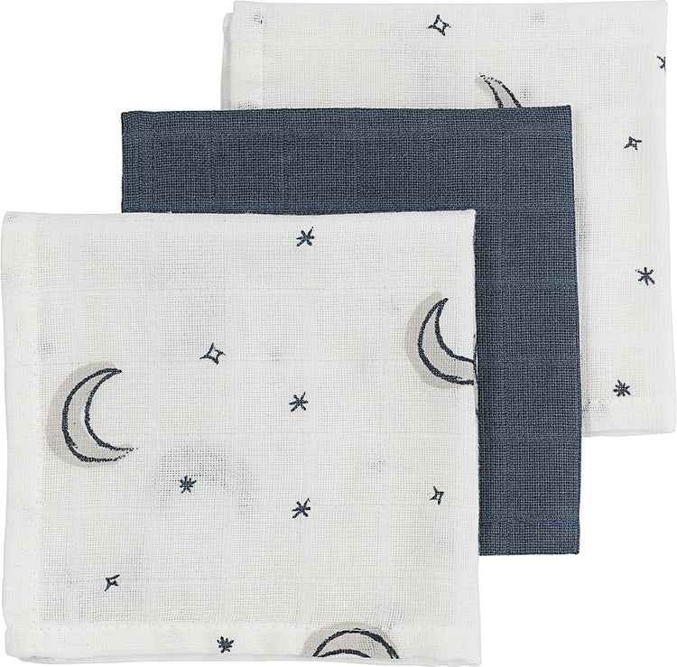 Lingettes visage Meyco baby moon - pack de 3 - hydrophiles - indigo - 30x30cm