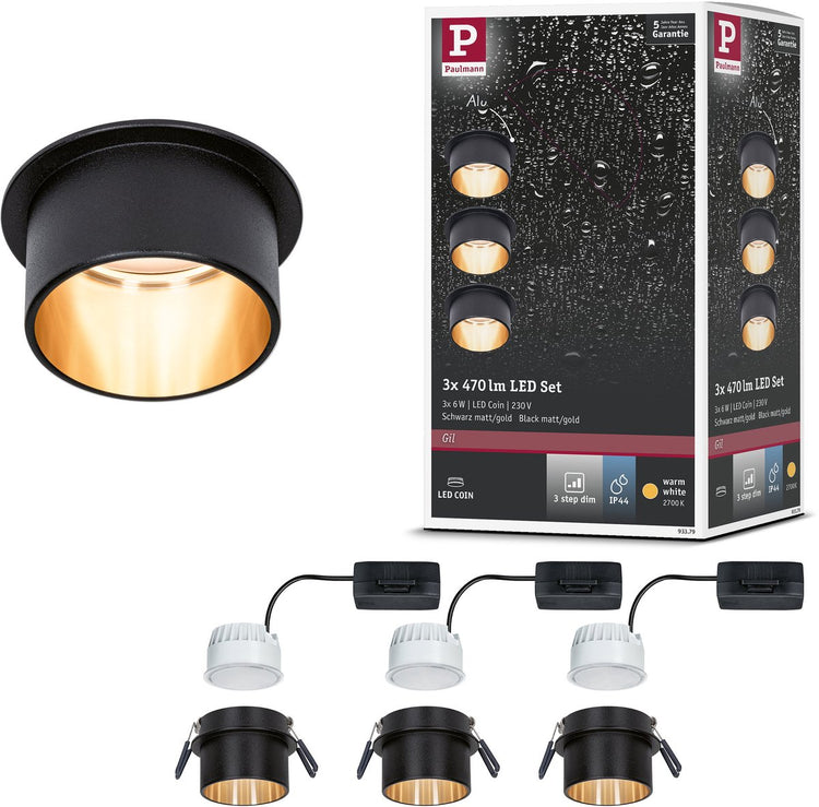 Paulmann Lampe à encastrer LED 3 niveaux Gil Coin set de base IP44 rond 68 mm coin 3x6W 3x470lm 230V dimmable 2700K noir mat, or