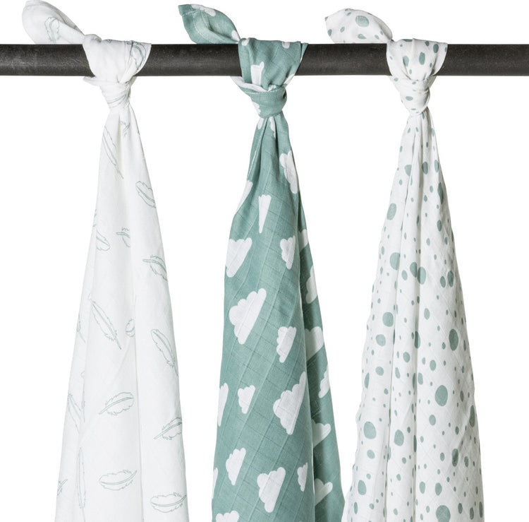 Emmaillotage Meyco pour bébé nuages et plumes à pois - paquet de 3 - hydrophile - vert pierre - 120x120cm