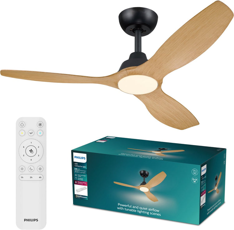 Philips LED Ventilateur Philips Olas avec lampe LED - diamètre : 132 cm - lumière blanche réglable de 3000k à 6500k - dimmable jusqu'à 5% - télécommande incluse - 2650 lumen - bois noir
