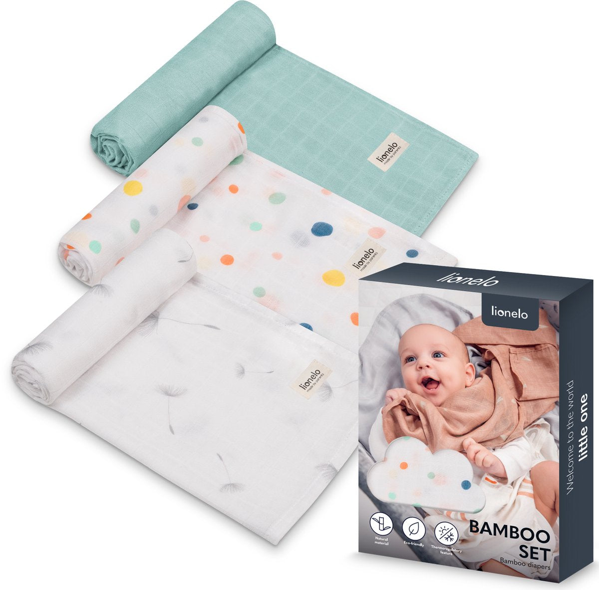 Ensemble Lionelo bambou - Couches 100% coton bambou - lot de 3 pièces - 70 x 70 cm - hypoallergénique - antibactérien - thermorégulateur - respirant doux - multicolore - lavable - dès la naissance