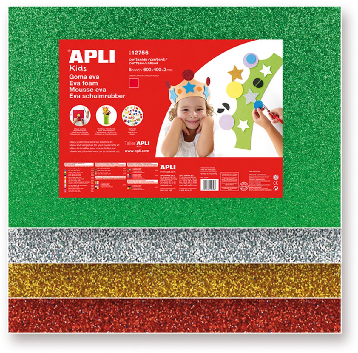 Apli kids feuilles de mousse eva 60 x 40 cm paillettes métallisées 4 couleurs - 4 feuilles