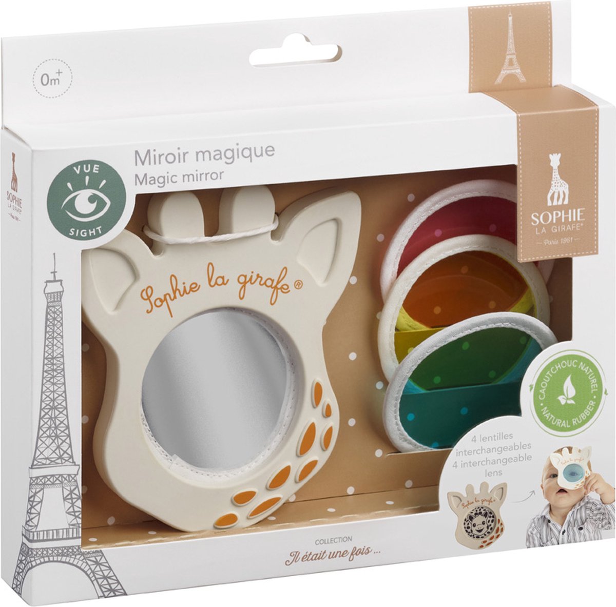 Miroir magique Sophie la girafe - collection 5 sens - jouets bébé - 5 pièces - dès 0 mois - 11x10x1 cm - ok-biosourcé - dans coffret cadeau blanc