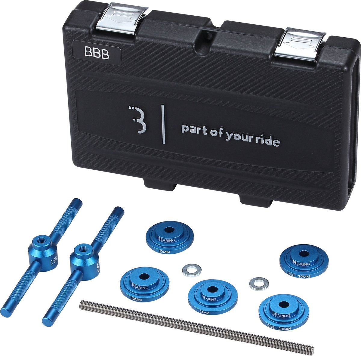 Boîte à outils de jeu de presse à roulements de vélo Bbb – jeu de presses à roulements de vélo – normes de support 22 24 29 30 mm – noir – btl-231