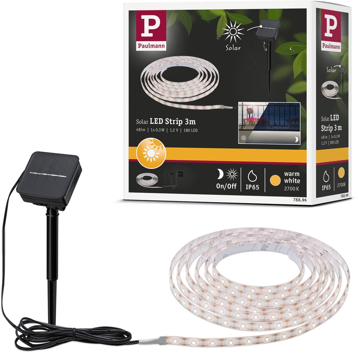 Bande LED solaire Paulmann 3 mètres blanc chaud 2700k - ip44 - avec capteur crépusculaire - 0,3w - 60 LEDs m
